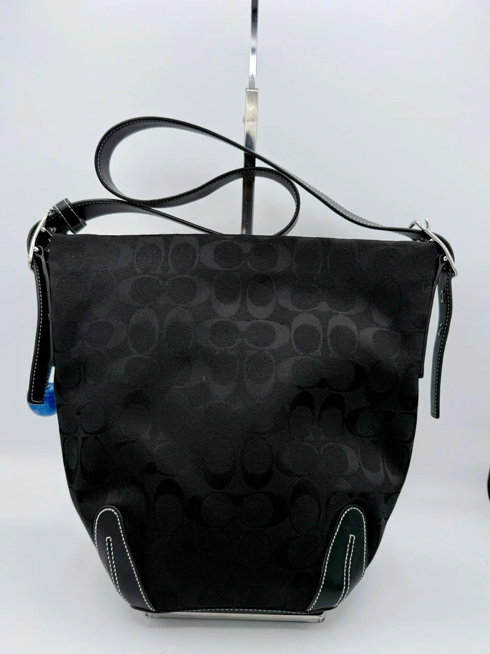 Coach Black Signature Canvas Shoulder Bag with Leather Trim